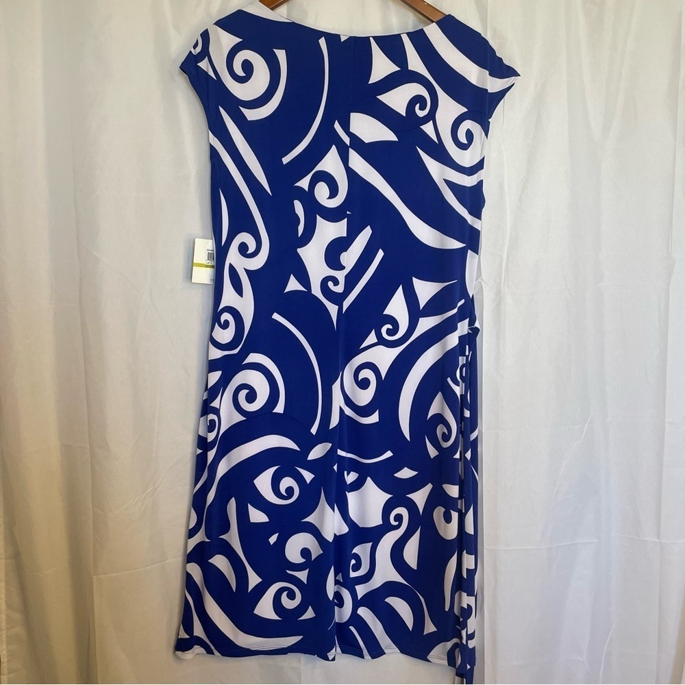DONNA MORGAN Women’s Blue White Swirl Pencil Dress‎ Ruche Cap Sleeve Size 14 NWT - Picture 9 of 13